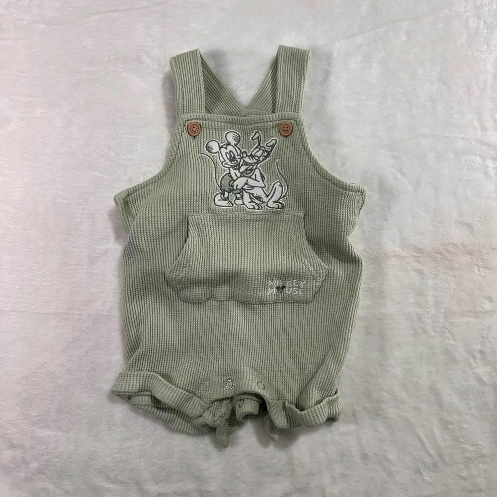 Disney Baby Mickey Mouse Pluto Overalls 3-6M Green Waffle‎ Knit organic Cotton
